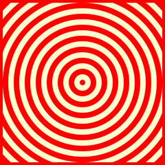 Red circles on yellow background. Symmetric geometric repeating rounds abstract. Stylized wood cutting decorative board. Water marks surface pattern design. Circular spheres borders wallpaper. Vector