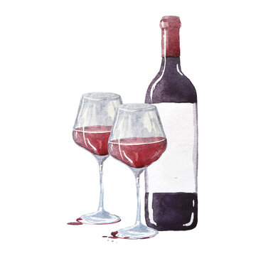 A bottles of red wine and two glasses. Watercolor hand drawn illustration