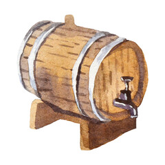 A wine barrel , watercolor hand drawn illustration. Winemaking.