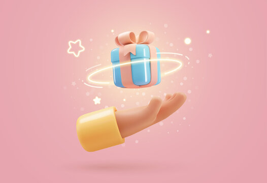 3d vector cartoon human hand giving magic gift box with light effect vector illustration. Arm holding blue giftbox design element on soft pink background