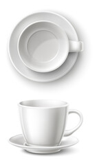 Empty teacup. White ceramic coffee cup top and side view