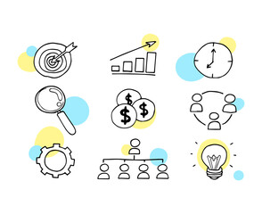 Set of business doodles, cute cartoon vector such as goal, graph, finance, time management, etc.