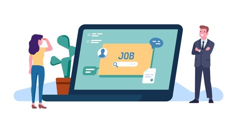 Job searching. People looking for vacancy with laptop. Online work finding. Staff recruitment. Vacant position choosing. HR manager and candidate. Computer technology. Vector concept