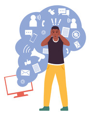 Man covering ears to stop information stream pressure. Burnout concept