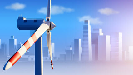 Alternative energy. Wind turbine for green energy production. Windmill in front of city. Providing city with alternative electricity. Eco friendly wind generator. Windmill Visualization. 3d image. © Grispb