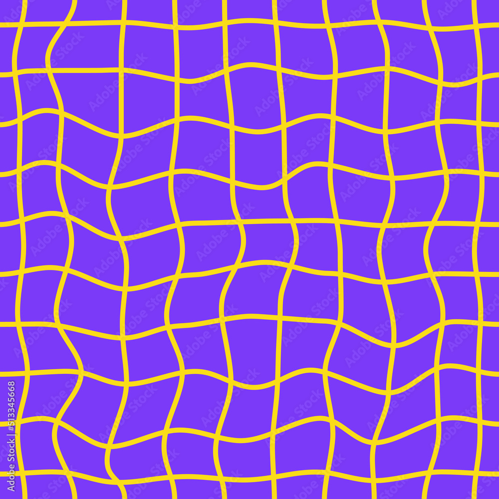Poster Minimalistic bright checkered seamless pattern with yellow  wavy distorted grid on a purple background. Vector linear geometric background