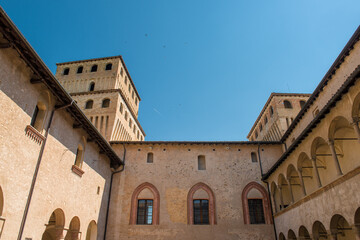 Exterior views of Torrechiara Castle, a 15th-century castle near Langhirano, in the province of Parma, northern Italy.