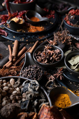 Various Thai and Chinese herbs in ceramic bowl on a dark background. Herbal and Spices Oriental marketplace.