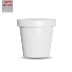 White round glossy ice cream cup. Photo-realistic packaging mockup template with sample design. Vector 3d illustration. White round matte ice cream cup. Photo-realistic packaging mockup template. 
