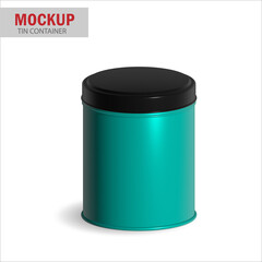 Round white matte tin can with lid. Container for dry products - tea, coffee, sugar, cereals, candy, spice. Photo-realistic packaging mockup template with sample design.  3d illustration.