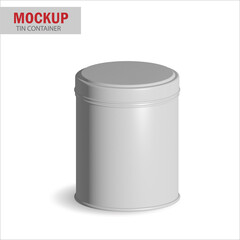 Round white matte tin can with lid. Container for dry products - tea, coffee, sugar, cereals, candy, spice. Photo-realistic packaging mockup template with sample design.  3d illustration.