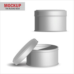 Round white metallic tin round box. Container for dry products - tea, coffee, sugar, cereals, candy. Photo-realistic packaging vector mockup template with sample design.  3d illustration.