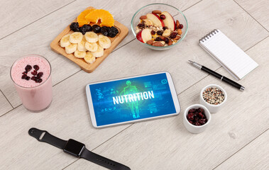 Tablet Pc with fruits, medical concept