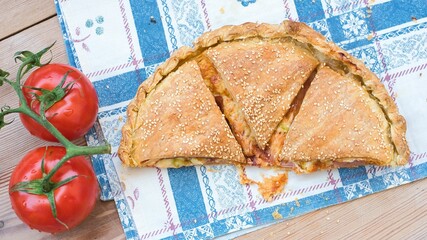 covered pizza, traditional handmade pie . © Achillefs Katsaounis/Wirestock Creators