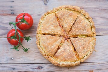 covered pizza, traditional handmade pie . © Achillefs Katsaounis/Wirestock Creators