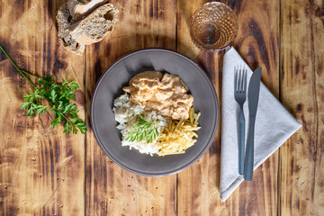 Top view of chicken stroganoff with rice, top view