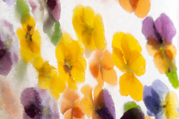 Obraz na płótnie Canvas Background of mixed colours of pansy flowers in ice.