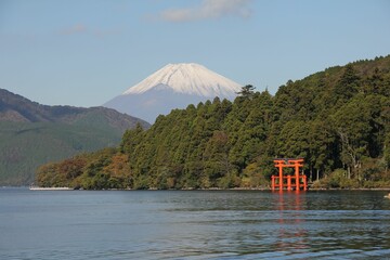 Mountain Fuji and Lake Ashinoko with Hakone temple in autumn