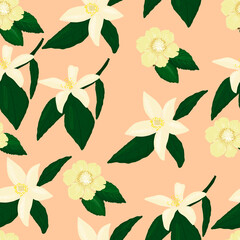Kiwi and lemon flower seamless pattern. Botanical vector illustration for wallpaper, wrapping paper, textile, fabric, print