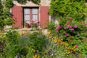 Façade fleurie et fenêtre de maison //Flowered facade and house window