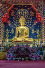principle Buddha image of the third grade royal monastery, Wat Suan Dok, The attitude of subduing Mara, Mueang Chiang Mai District, Bangkok, Thailand
