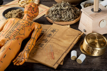 Fototapeta na wymiar Background of moxibustion and Chinese herbal medicine