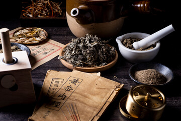 Obraz na płótnie Canvas Background of moxibustion and Chinese herbal medicine