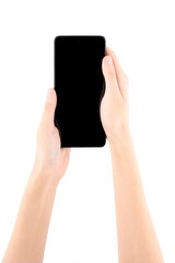 Woman hand holding black smartphone with blank screen isolated on white background.