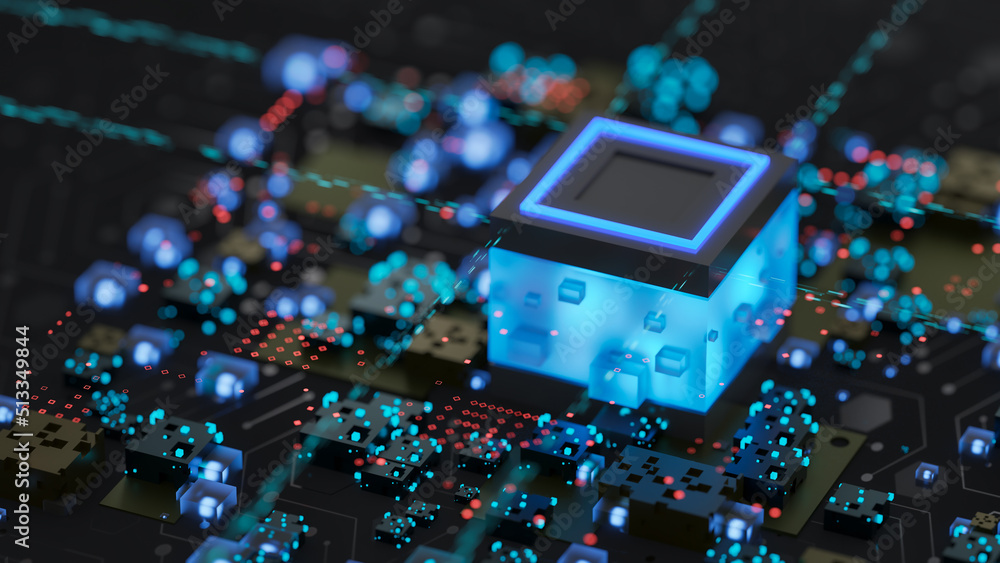 Poster abstract computer digital chip processor. electronic components on circuit board. artificial intelli