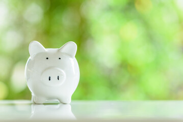 Minor children savings account, financial concept : White ceramic piggy bank on a table, depicts a type of saving account deposit for child education, allow deposit money from kids for brighter future - obrazy, fototapety, plakaty