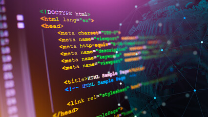 HTML code on computer monitor. Software / Web Developer Programming Code - obrazy, fototapety, plakaty