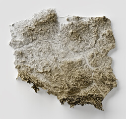 Shaded relief map with vertical exaggeration of Poland. Created of Shuttle Radar Topography Mission (SRTM) free elevation data from NASA using 3D software.