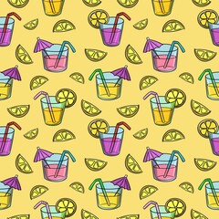 Bright yellow print, delicious cocktails with lemon and paper umbrella, seamless square pattern