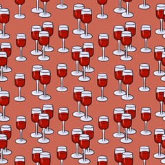 Bright print, glass tall glasses with red wine, seamless square pattern