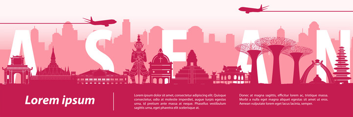 Fototapeta silhouette design of ASEAN landmarks with text inside,vector illustration obraz