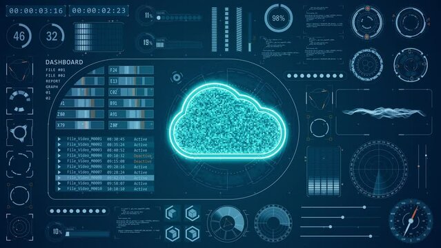 Motion graphic of Blue cloud computing with head up display ( HUD ) background and futuristic technology abstract background