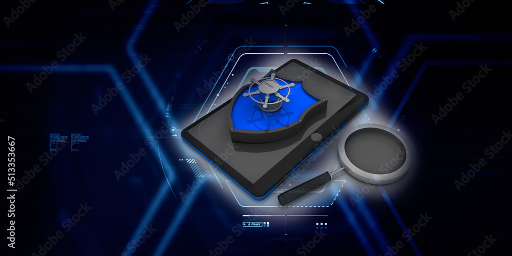 Poster 3d rendering shield protection lock on transmitter mobile with lens