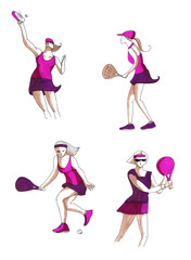 padel girls set. Women playing paddle tennis in pink sports suit with racket, kilt, tennis ball