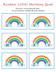 Alphabet matching game, letter puzzles for kids, preschool and kindergarten kids educational activity, colorful rainbow, letters u to z