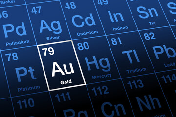 Gold on periodic table of the elements. Precious metal with chemical symbol Au (Latin aurum), with atomic number 79. Used for coinage, jewelry, and in times of crisis a safe investment, or safe haven.