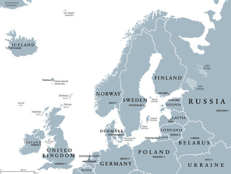 Northern Europe, gray political map. British Isles, Fennoscandia, Jutland Peninsula, Baltic plain lying to the east, and islands offshore from mainland Northern Europe and the main European continent.