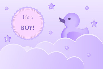 Boy birthday 3D. It’s a boy. Cartoon clouds, duck toy on pastel purple background. Baby shower horizontal banner. Vector illustration
