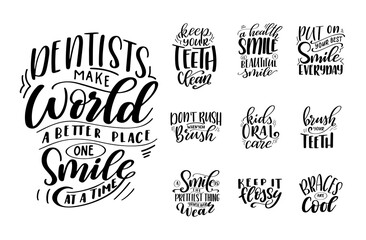 Dental care hand drawn quote. Typography lettering for poster. Dentists make world a better place one smile at a time. Vector illustration