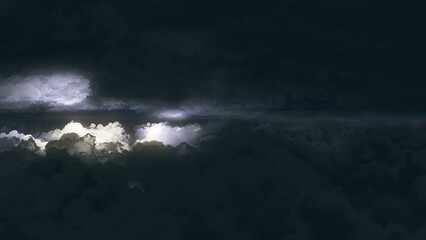 3D Rendering of Flying Between Dark Storm Clouds with Lighnings