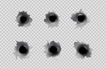 Bullet holes of gun or pistol. Shoot in metal single and double hole. Damage and cracks on surface. Vector isolated on background - obrazy, fototapety, plakaty