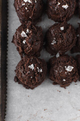 Scoops of double chocolate chip cookie dough with sea salt, edible cookie dough, raw cookie