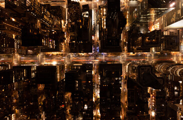 Top down shot of illuminated streets among blocks of town development. Blurred motion of vehicles driving on avenue at night. Manhattan, New York City, USA