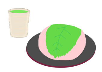 西日本の桜餅と緑茶のイラスト