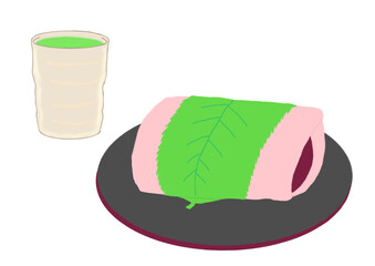 東日本の桜餅と緑茶のイラスト