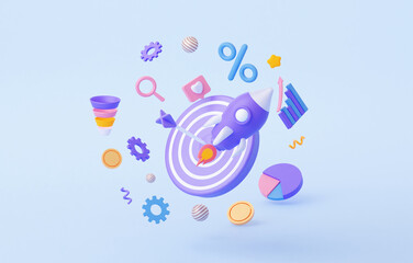 Targeted advertising in social networks. Business promotion for profit improvement. Target Funnel, target and rocket with statistics. 3d rendering illustration